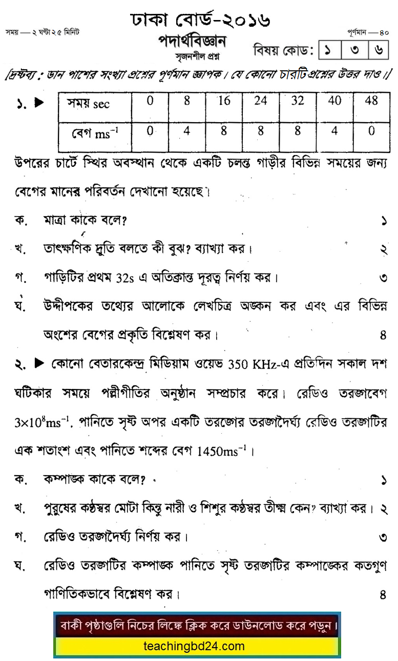 Physics Question 2016 Dhaka Board