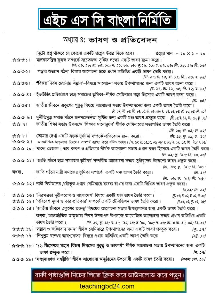 HSC Bangla 2nd Paper 4th Chapter Suggestion of Nirmiti