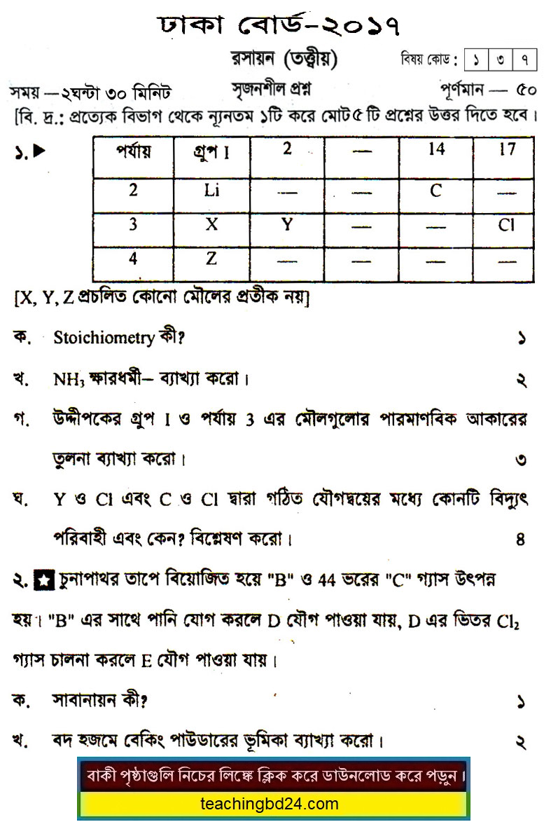 SSC Chemistry Question 2017 Dhaka Board