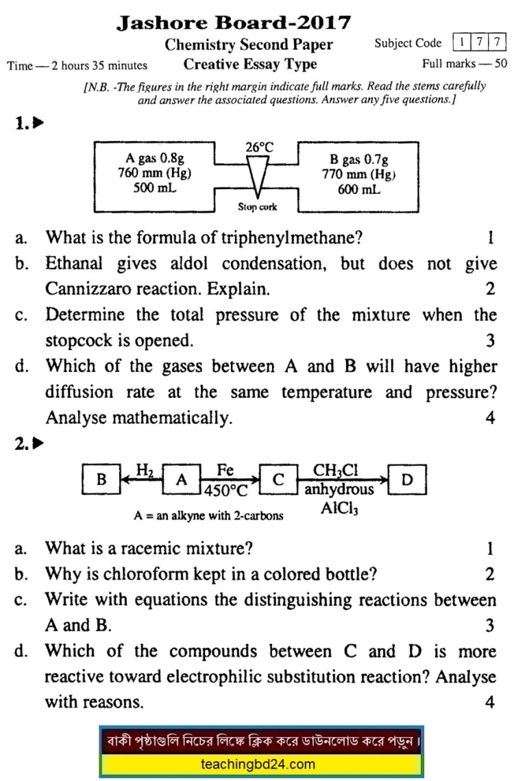 HSC EV Chemistry 2nd Paper Question 2017 Jashore Board