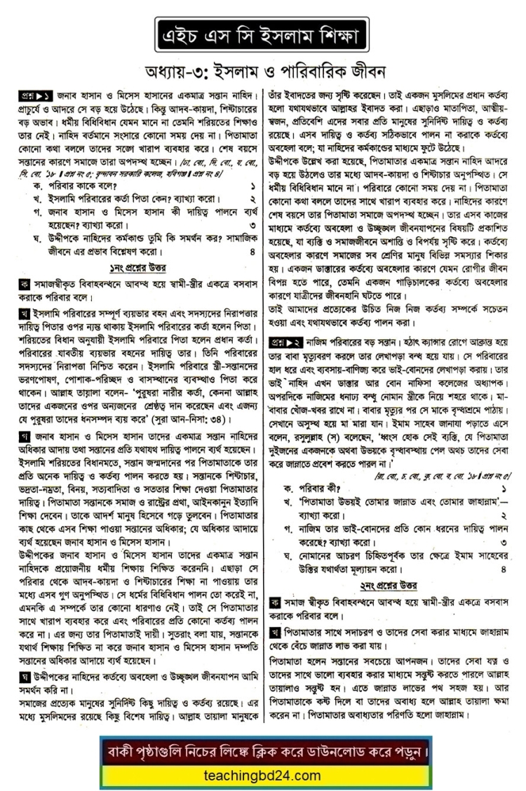 HSC Islam Education 1st Paper 3rd Chapter Note
