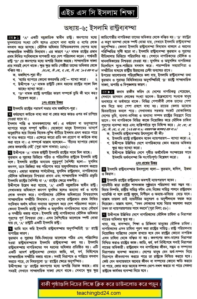 HSC Islam Education 1st Paper 6th Chapter Note