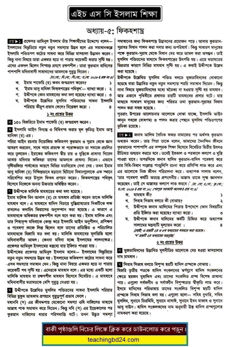 HSC Islam Education 2nd Paper 5th Chapter Note